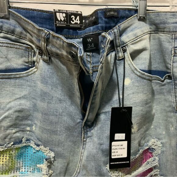 Men's 34x32 Waimea Blue Distressed Ripped rhinestone Skinny Fit Jeans - Picture 3 of 11